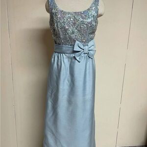1960s Powder Blue Embellished Sleeveless Gown with Bow